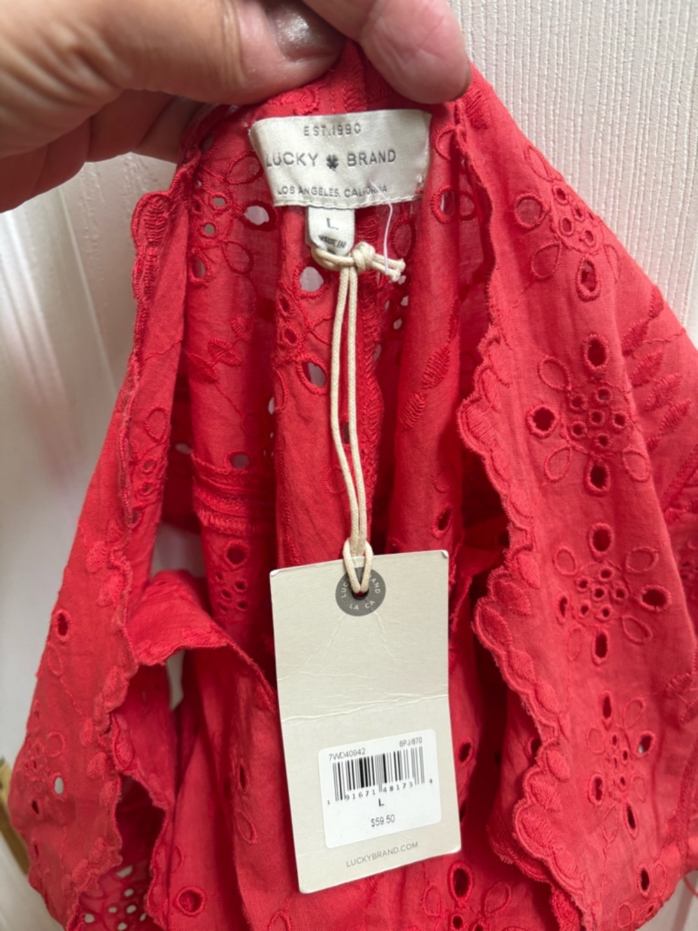 Lucky Brand Coral (NOT WHITE) Eyelet Cap-Sleeve Cotton Peasant Top, Size L, NWT - Picture 3 of 6
